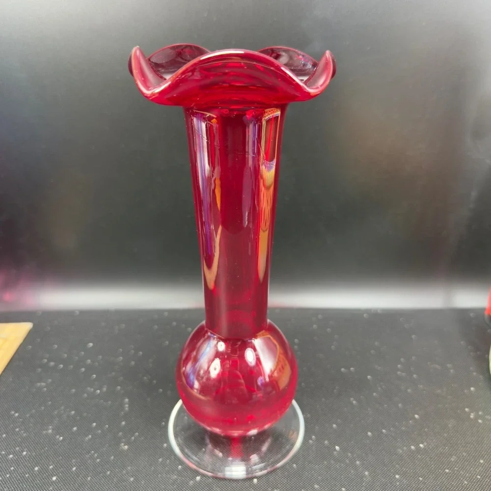 Vintage Ruby Red Crackle Art Glass Bud Vase Ruffled‎ Rim Clear Base 1990s Vase